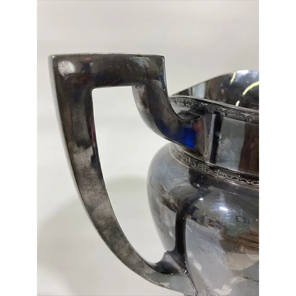 Antique H.S. Co Silverplate Water Pitcher Art Deco 7.75” X 9.5” Geometric Handle